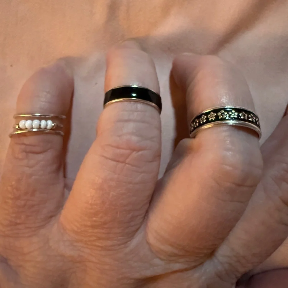 Set of 3 Silver, White Beads and Black Rings NWT